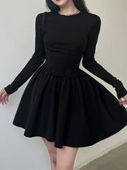 Korean Clothes Long Sleeve Corset Black Dress Female Solid Basic O Neck Fashion Autumn Dress Pleated Slim Elegant New