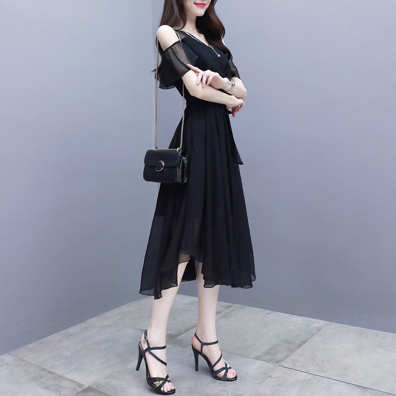Hoobd Elegant Fashion V-neck Zipper Off Shoulder Short Sleeve A-LINE Dress Summer Black Solid Color Chiffon Empire Women&#39;s Clothing