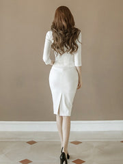 Hoobd Fashion Elegant Women Dress Temperament Vintage Sexy V-Neck Split Midi Party Lady Formal Bodycon Female Lady White Robe Vestidos