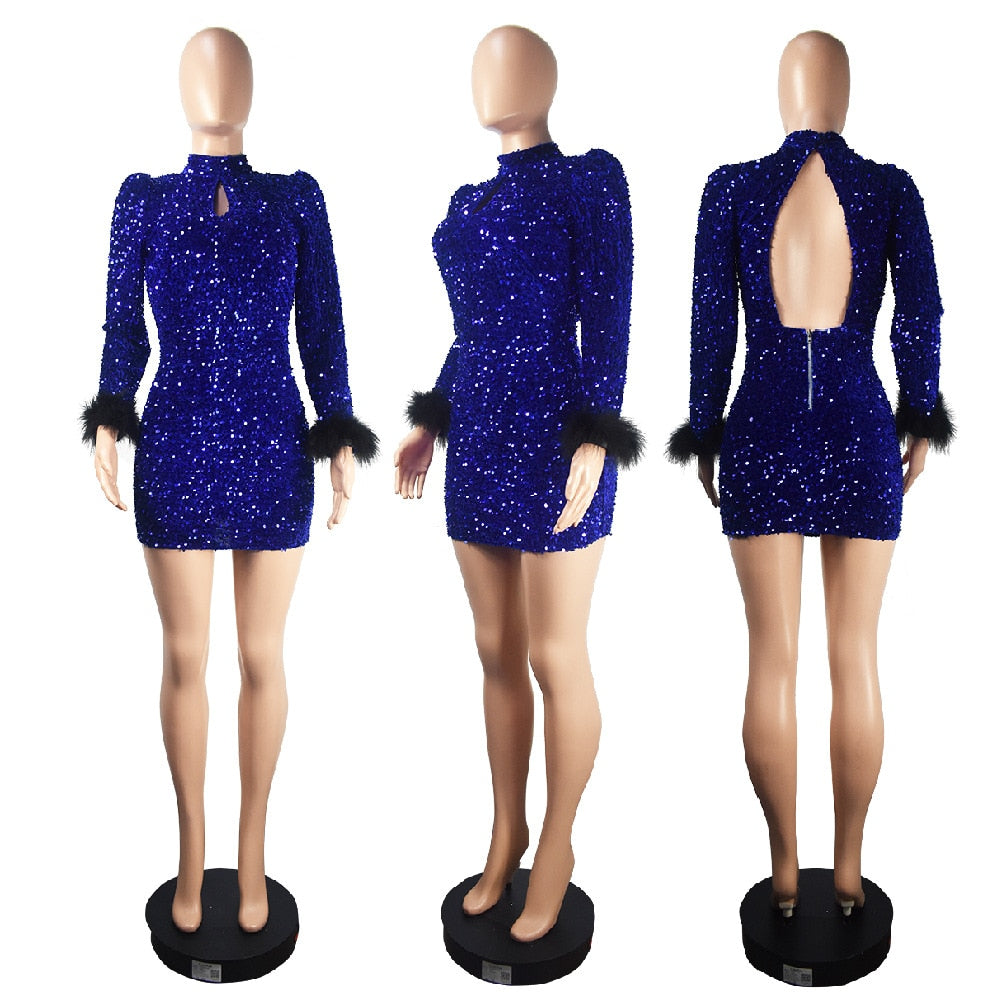 Sequin Feathers Full Sleeve Slim Boydcon Party Night Clubwear Dress