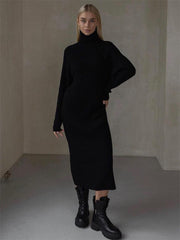 Autumn Knit Loose Turtleneck Maxi Dress Women Ribbed High Waist Fashion Elegant Dress Knitwear Long Sleeve Female Dress