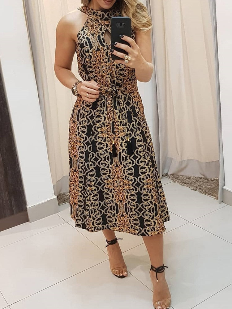 Hoobd Women Fashion Clubwear Elegant Sexy Dress Club  Sleeveless Baroque Print Sleeveless Midi Dress