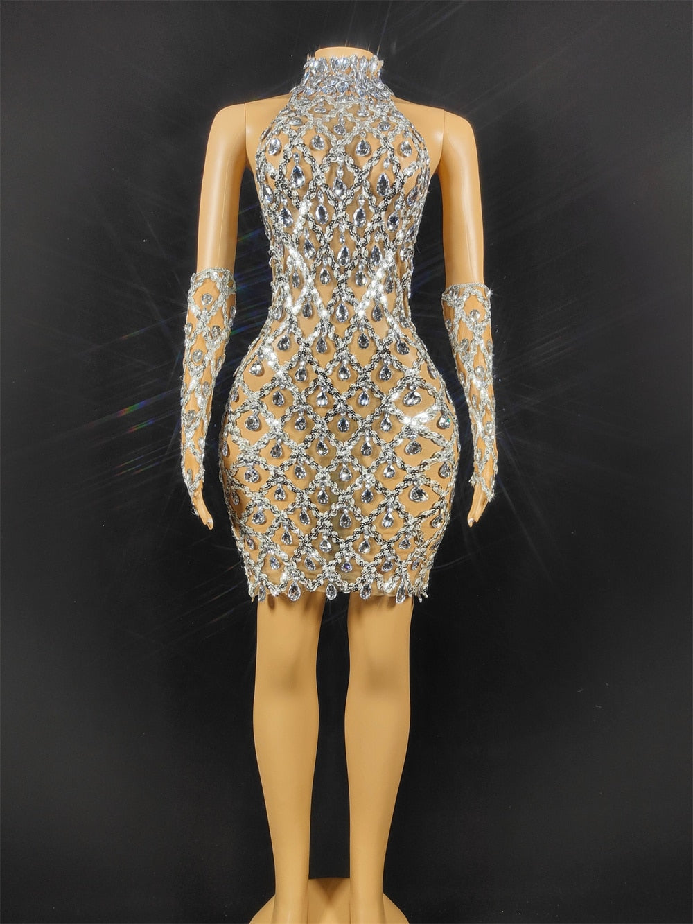 Sparkly Silver Rhinestone Mirror Elastic fabric short Dress