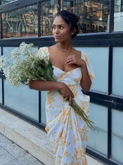 V Neck Floral Summer Long Dress Women Boho Beach Style Dresses Elegant Chiffon Maxi Dresses French Dress Women