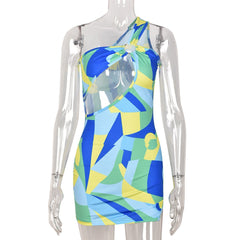Hoobd Fashion Geometric Print Women Dresses Summer 2023 Club Asymmetrical Cut Out One Shoulder Bodycon Mini Dress D82-BB15
