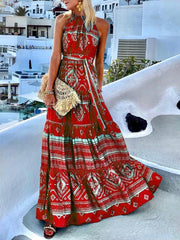 Hoobd Fashion Summer Maxi Dress Women's Printed Sundress Slim Floral Halter Straps Casual Short Sleeve Female High Waist Robe