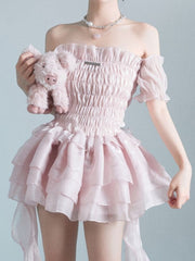 Hoobd Summer Lace Sweet Dress Women Designer Ruffle Flounce Cute Mini Dress Female Korean Fashion Elastic Skinny Sexy Party Dress 2023