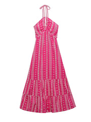 Long Beach Dresses For Women  Boho Cutwork Embroidery Summer Dress V Neck Sleeveless Halter Strap Sexy Backless Midi Dress
