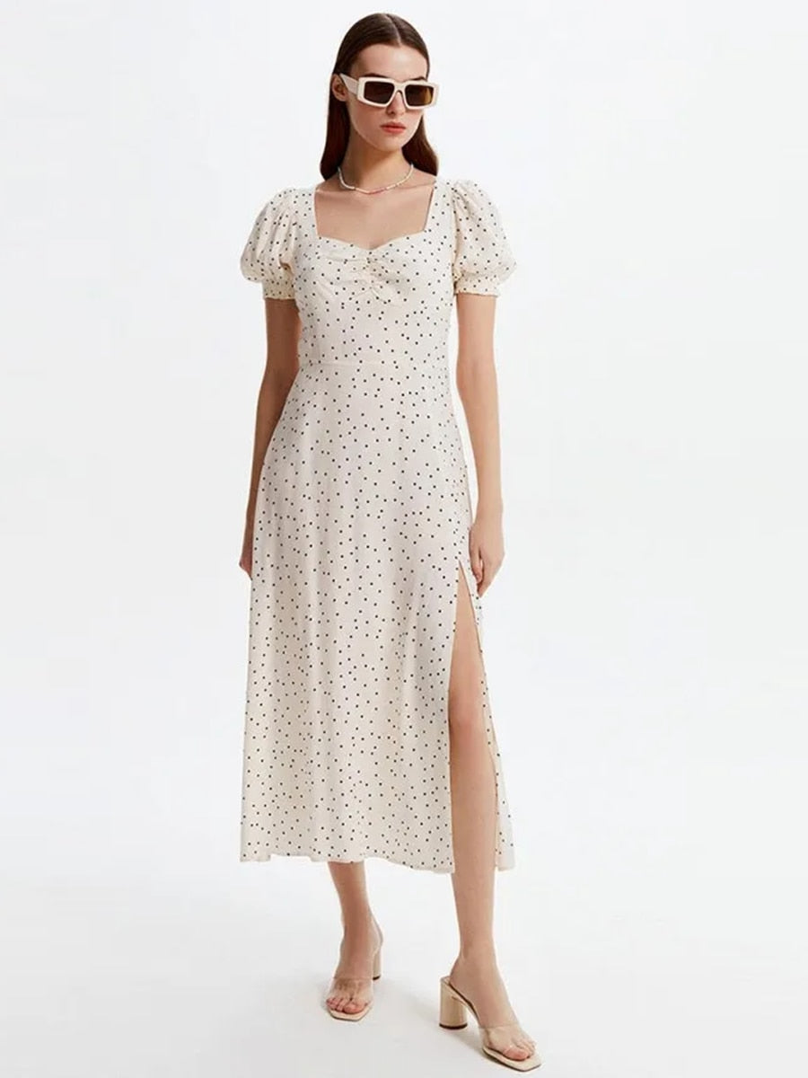 Women Vintage Dot Print Side Split A-line Party Dress Puff Sleeve Square Collar High Street Elegant Casual Dress 2023 Summer New