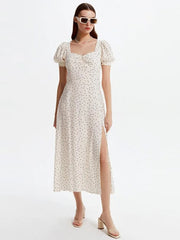 Women Vintage Dot Print Side Split A-line Party Dress Puff Sleeve Square Collar High Street Elegant Casual Dress 2023 Summer New