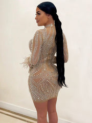 Hoobd Woman Fashion Sexy Mesh See-through Long Sleeve Feathers Rhinestones Bodycon Party Dresses 2023 Package Hip Mini Nightclub Dress