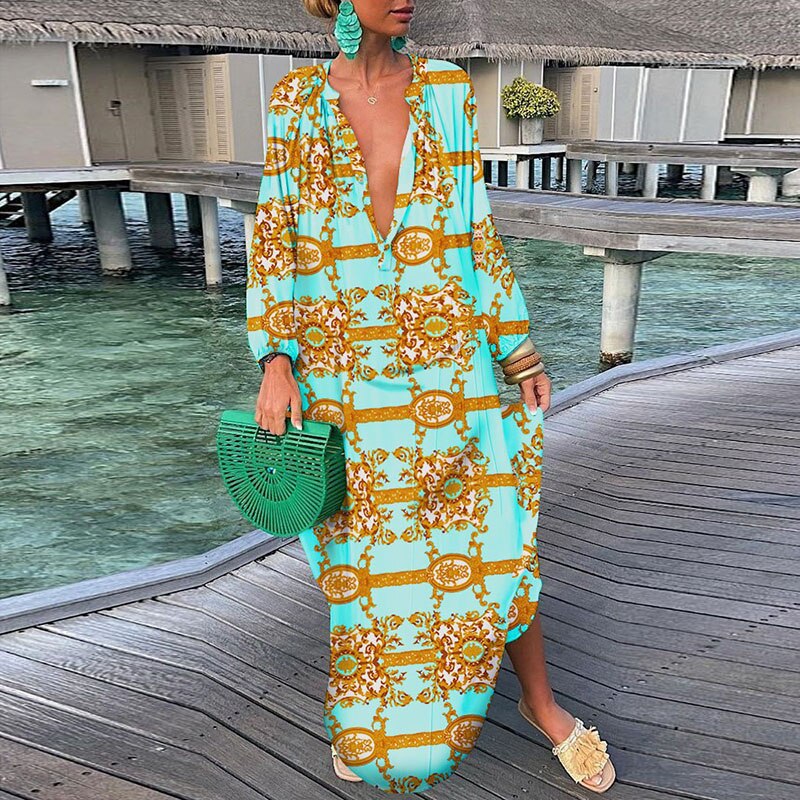 Hoobd Women Elegant V Neck Loose Party Dress Lady Retro Printing Long Sleeve Holiday Dress Autumn Casual Femme Dress Streetwear