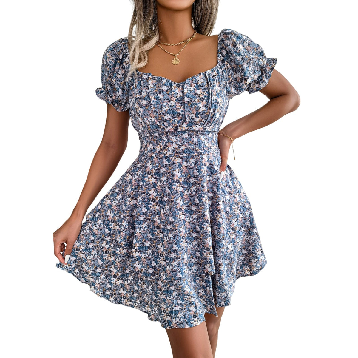 2023 New Casual Short Sleeve Square Neck Lace-up Dress Retro Women Floral Printed Mini Dress Ladies Fashion Slim Office Dresses