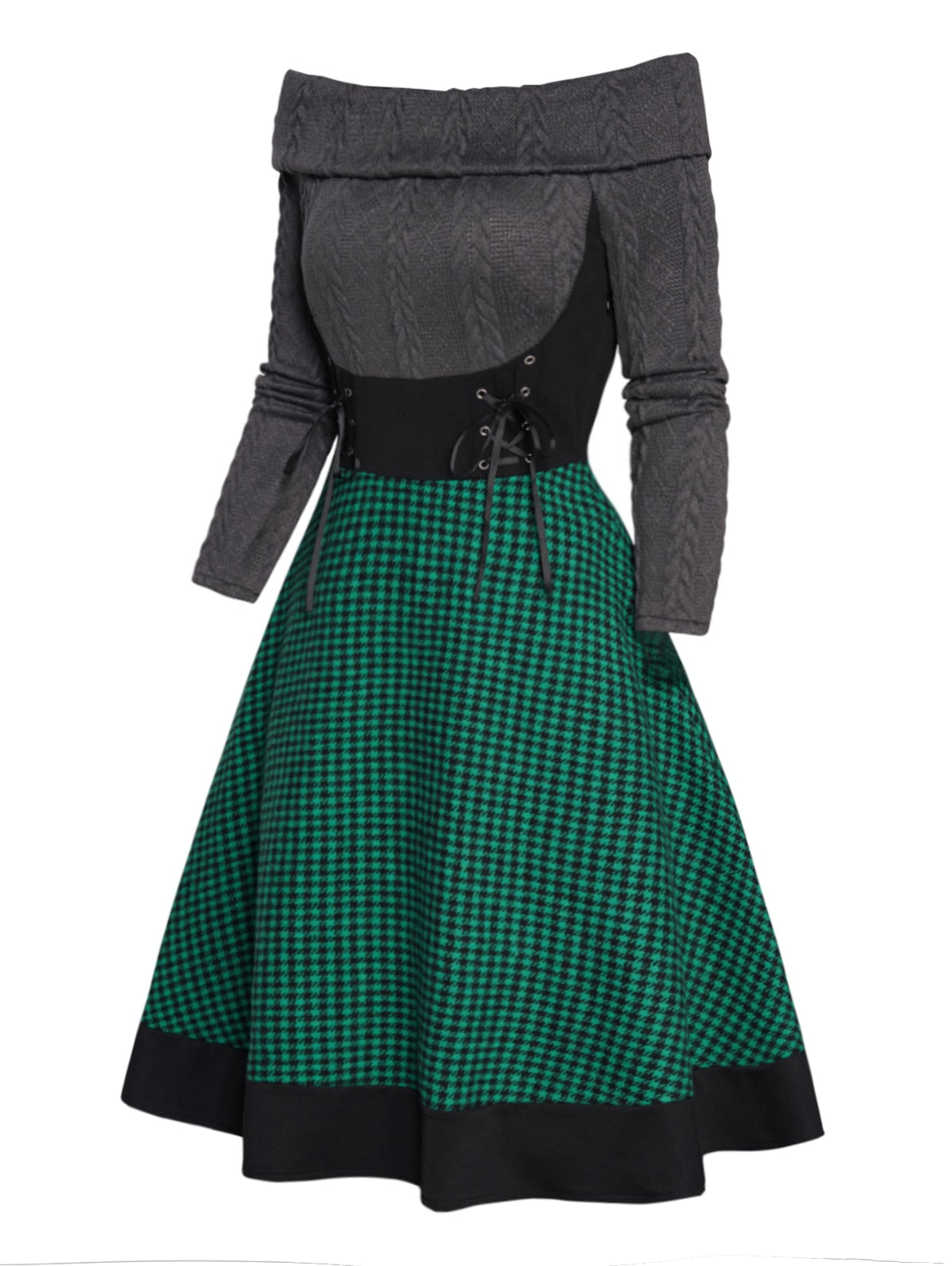 Hoobd Cable Knit Plaid Print Panel Dress Long Sleeve Lace Up Foldover Off the Shoulder Mini Dress For Women Spring Winter