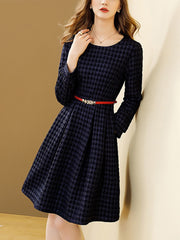 Dress Women 2023 Spring Navy Blue Bird Lattice Elegant Autumn A-line O-neck Slim With Belt Dresses Casual Vestidos