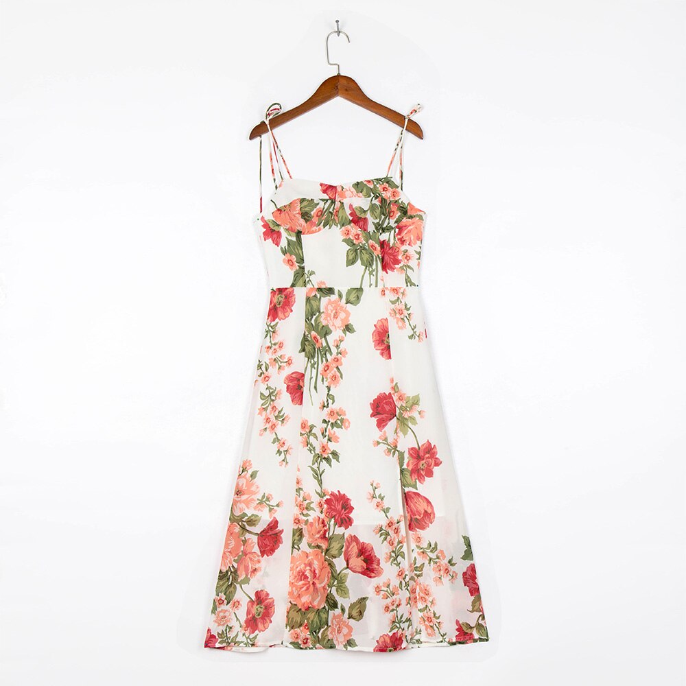 Hoobd Summer Dresses For Women Elegant Vintage Floral Print Dress Sweetheart Neck Spaghetti Strap Midi Dress With Slit Sundress