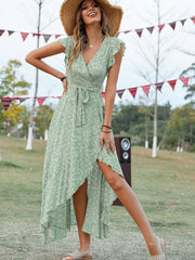 Hoobd Summer Elegant Floral Long Dress Women Casual Bandage Irregular Slit Boho Beach Dress Fashion Green V Neck New In Dresses 2023