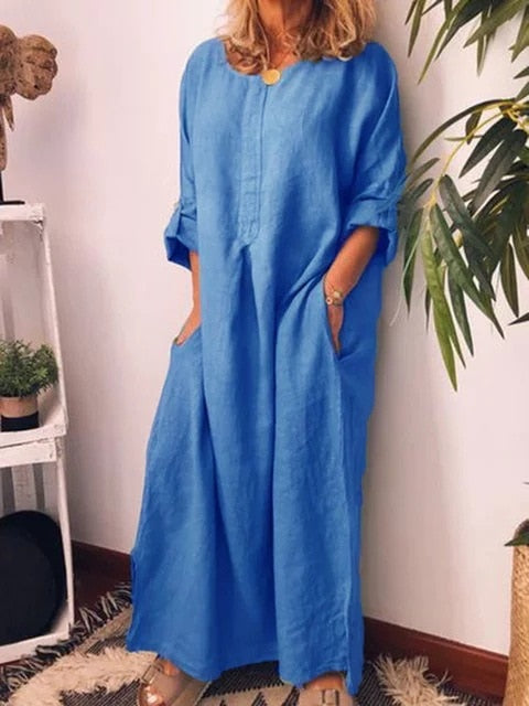 New Solid Color Loose Pockets Robe Women's Cotton Linen Solid Color Fashion Round Neck 7-Point Sleeve Casual Ladies Dress