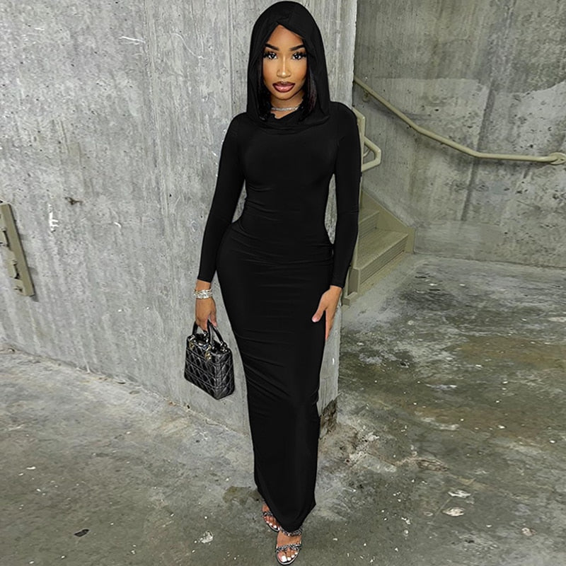 Hooded Long Sleeve Maxi Dresses For Women Tight Black Long Dress Plain Bodycon Autumn Winter Dress 2023