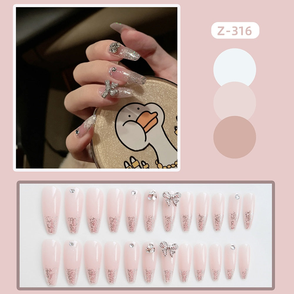 24Pcs Super Shiny False Nails 3D Drop Diamond y2k Mid-length Coffin Ballet Fake Nails Full Finished Fake Nail Patches For Girls