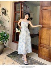Hoobd Lady Summer Backless Beach Sexy Dress Ladies Slip Holiday Chiffon Sundress Women High Waist Sleeveless Slim Sweet Dress Midi New