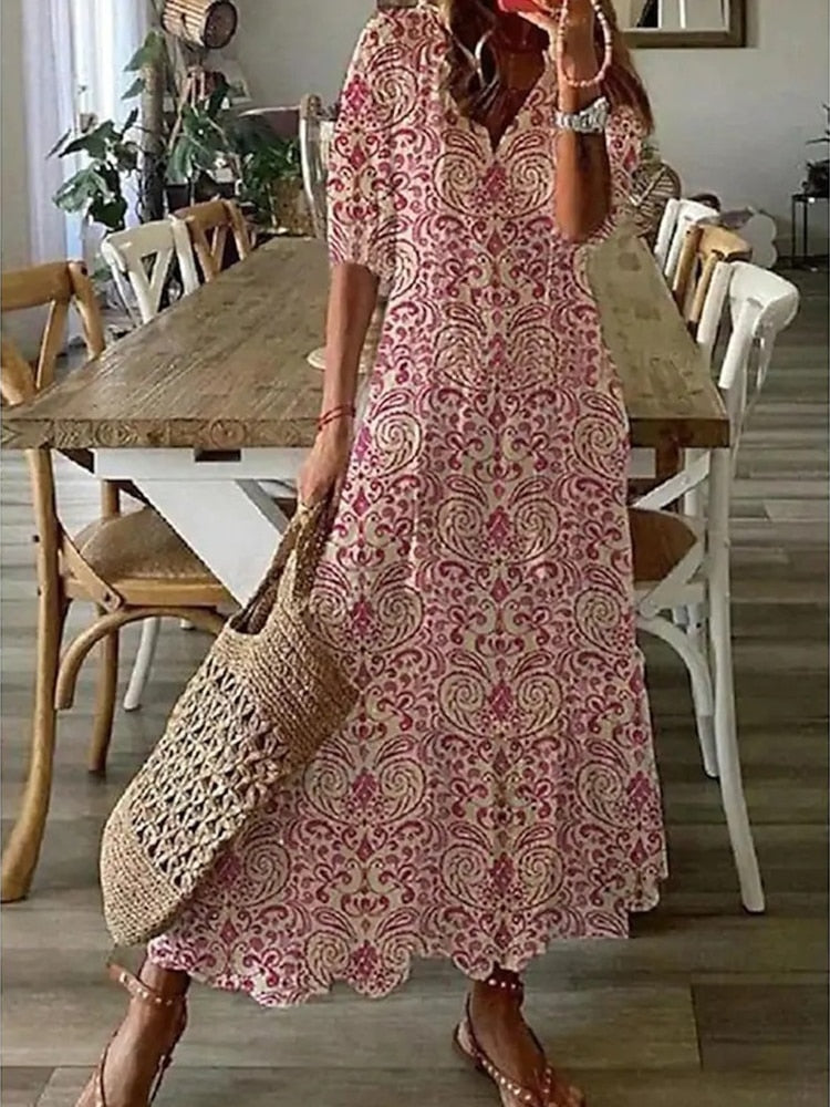 Hoobd Summer Fashion Floral Print Holiday Long Dress Casual Loose Drawstring Half Sleeve Dress Women V Neck Chic Ruffled Boho Dresses