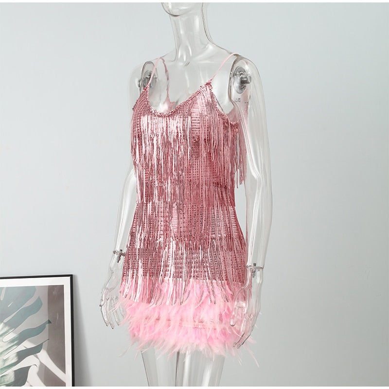 Hoobd Dress Summer Slim V-Neck Off Shoulder Dresses Sexy Women&#39;s Fringed Sequin Feather Stitching Female Backless Slip Mini Robe