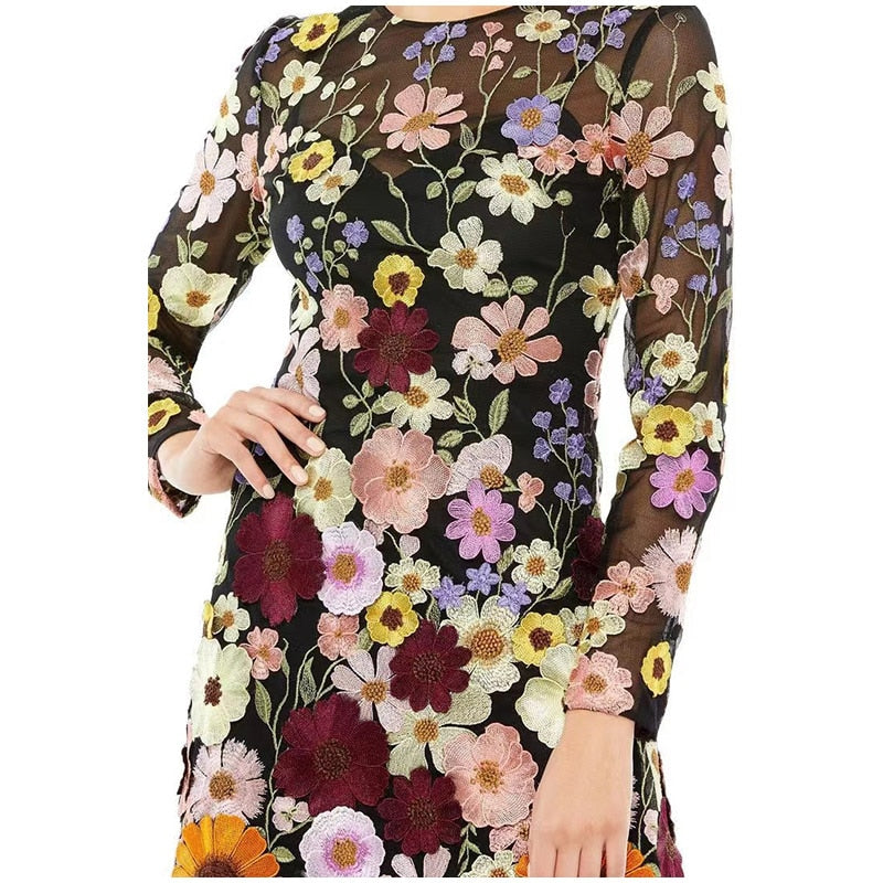 Fashion Flower Embroidery Mini Dress Women Elegant Long Sleeve Applique Vestidos Spring Chic Female High-quality Party Dresses