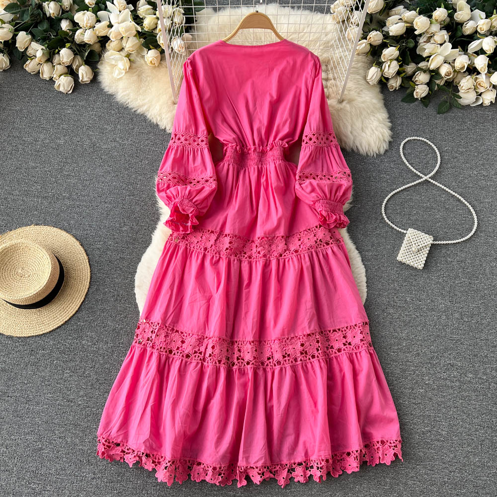 Autumn Vintage V-Neck Flower Embroidery Hollow Out Patchwork Vacation Long Dress Women Puff Sleeve Elastic Waist Holiday Vestido