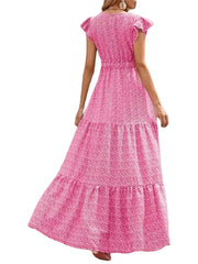 Hoobd Women s Summer Long Beachwear Dress Ruffle Sleeve V Neck Boho Floral A-line Dress