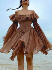 Hoobd Elegant Chiffon Corset Dress Brown Flare Long Sleeve Mini Dresses Vacation Short Party Dress Ruffles Slash Neck Outfit