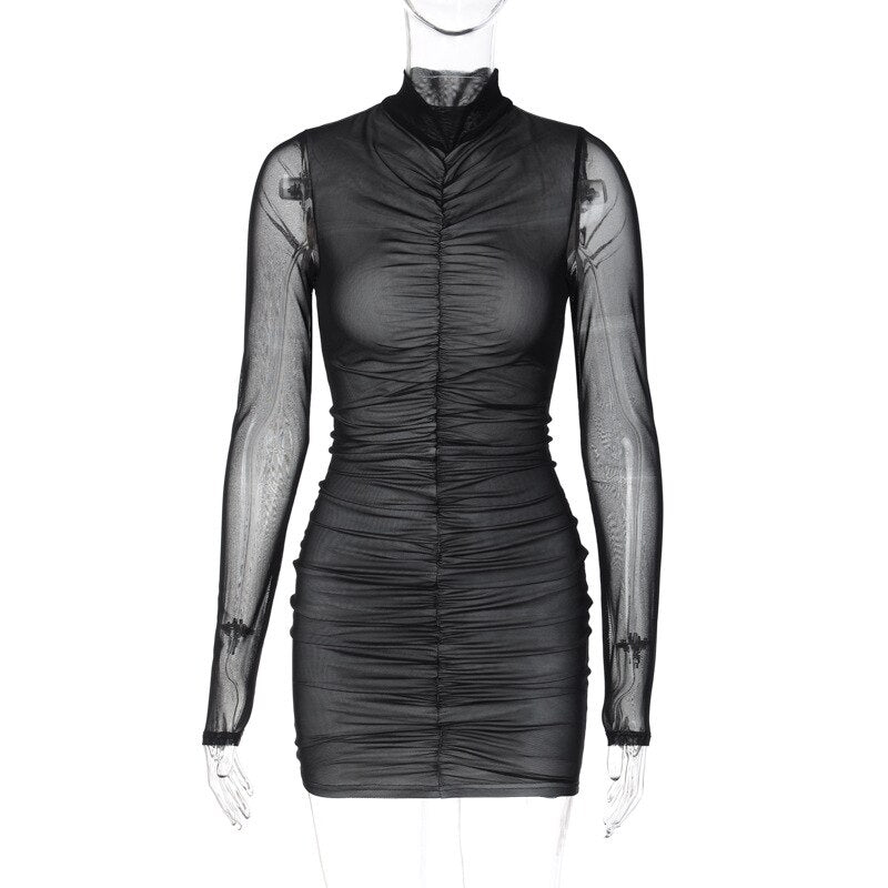 Fashion Woman Clothes Autumn See Through Long Sleeve Folds Mesh Patchwork Bodycon Package Hip Mini Dress Streetwear Black