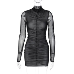 Fashion Woman Clothes Autumn See Through Long Sleeve Folds Mesh Patchwork Bodycon Package Hip Mini Dress Streetwear Black