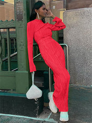 Hoobd Long Sleeve Bodycon Striped Long Dresses For Women Club Party Elegant Outfit Autumn Ruched Ruffle Sexy Y2K Clothes