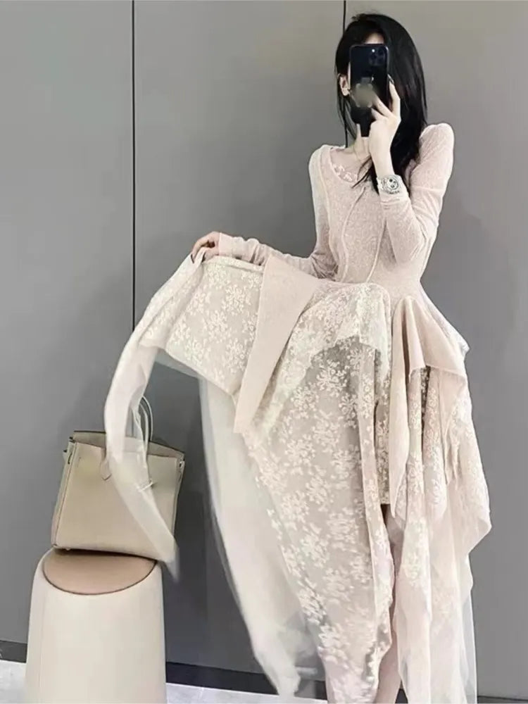 French Elegant Women's Vintage Dress  Autumn Winter New Irregular Lace Splicing Evening Long Bridesmaid Party Dress