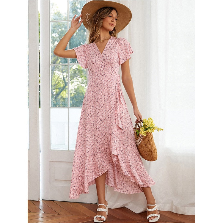 2023 New Boho Wrap Dress V-neck Flying Sleeve Maxi Dress Mujer Printing Sweet Long Dresses Chic Vestidos Ruffled Bandage Dress