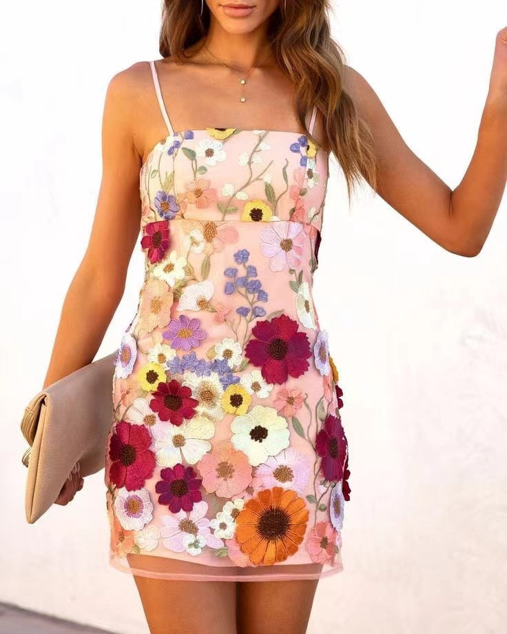 Hoobd Embroidery Slim Backless Mini Dress Spring Summer Women Fashion Sleeveless Short Dresses 2023 Elegant Lady Chic Party Vestidos