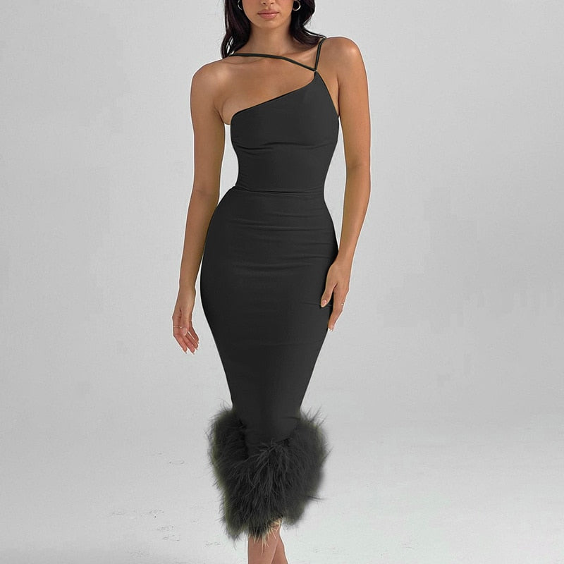 Hoobd Mozision Elegant One Shoulder Feather Bottom Midi Dress For Women Robe Summer New Sleeveless Bodycon Long Dress Clubwear