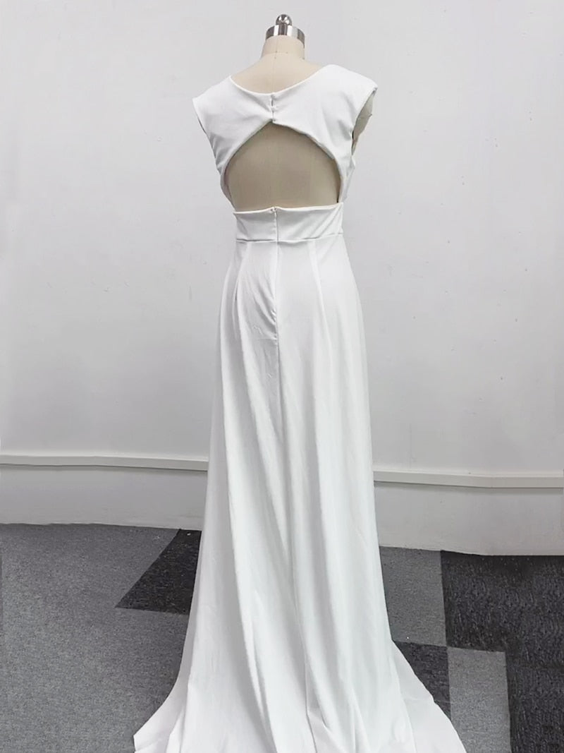 Hoobd Elegant Casual Women's Dresses Sexy V-neck Side Slit Backless White Long Skirt Wedding Banquet Bridesmaid Dress Evening Gown