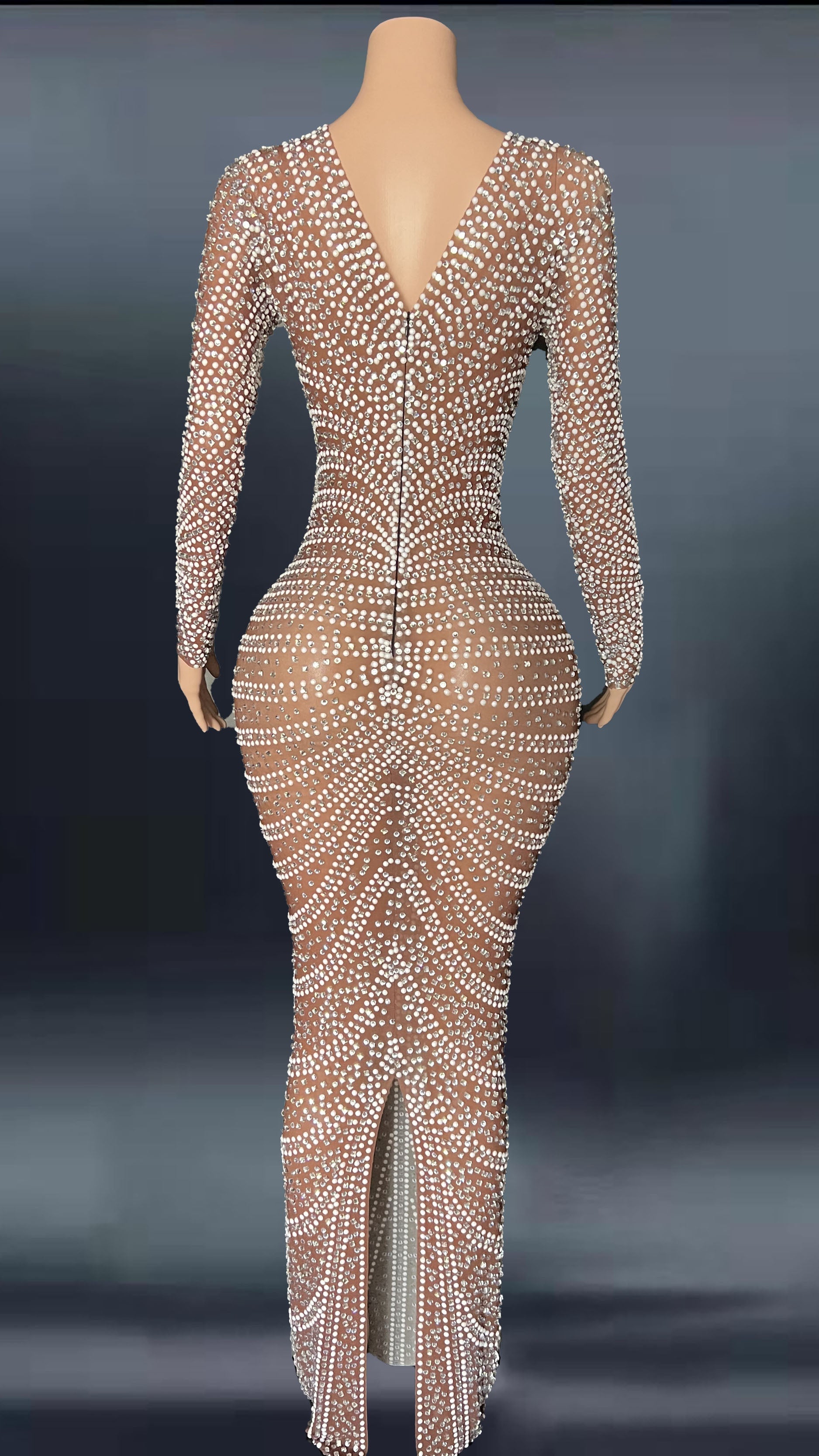 Hoobd Gray White Full Rhinestones Evening Long Sleeves Dress Birthday Celebrate Stage Wear Performance Dancer Singer Show plus size