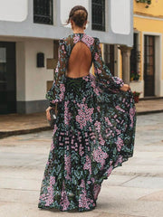 Hoobd Vintage Chic Women Floral Print O-neck Backless Sexy Bohemian Evening Dress Robe Lady Long Sleeve Boho Dresses Vestidos