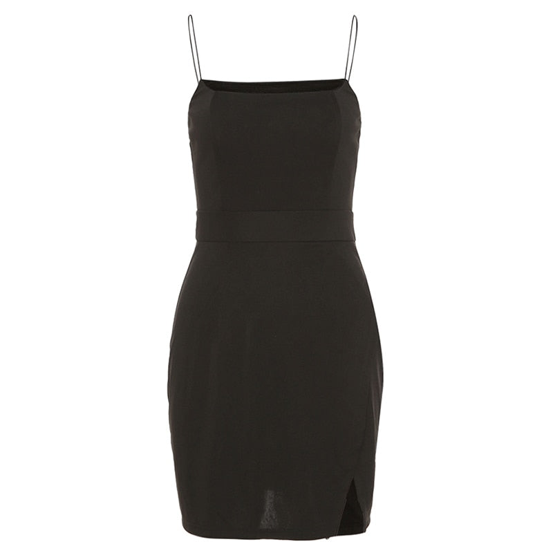 Y2k Style 2023 Summer New Fashion Women'S Suspenders One-Line Shoulder Sexy Solid Color Slim Slit Leg Length Short Black Dress
