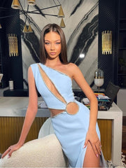 Diamonds Luxury Elegant One Shoulder Blue Dress Sexy Hollow Out Nightclub Bodycon Bandage Women Mini Dresses Summer
