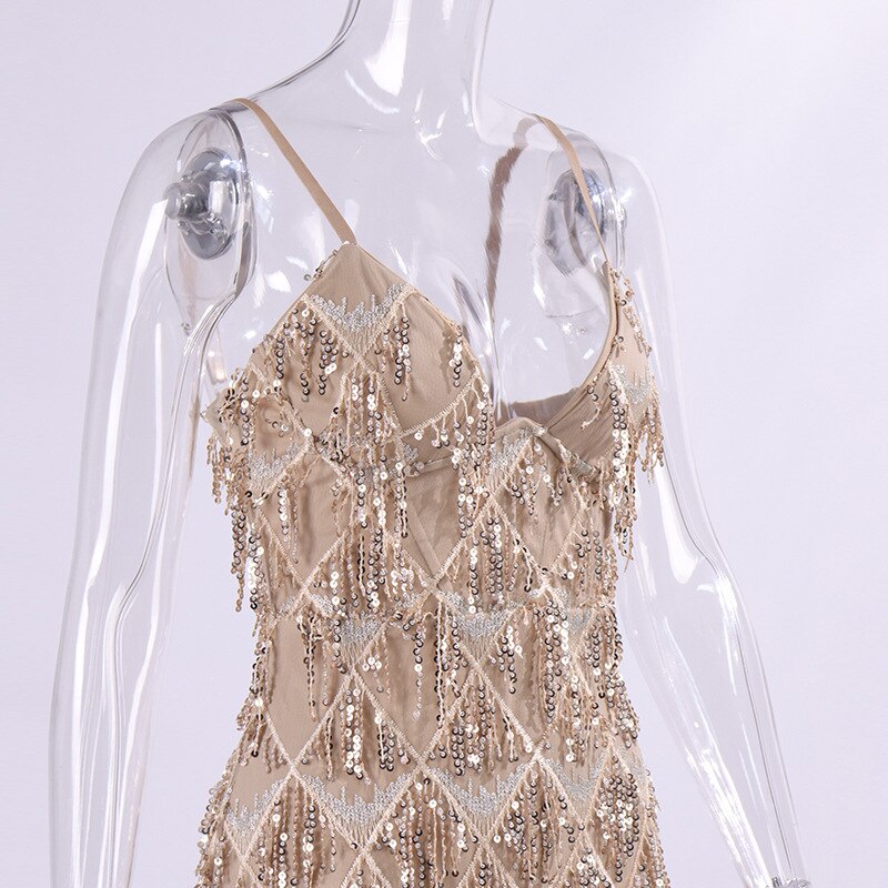 Hoobd2023 Elegant Luxury Women's Sequin Tassel Evening Dresses Sexy V-neck Spaghetti Strap Backless Short Birthday Party Slip Dress