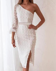 Hoobd Summer New Women's Clothing European and American White Sloping Shoulder Bag Hip Fashion Sexy Split Puff Sleeve Dress