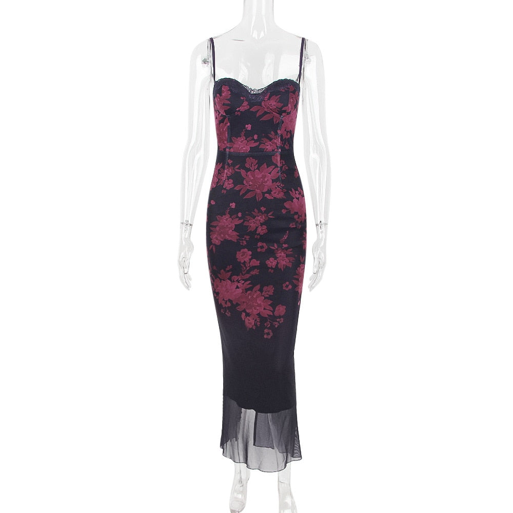 Hoobd Purple Print Sexy Long Fishtail Dress For Women Robe 2023 New Spaghetti Strap Sleeveless Backless Ruched Maxi Dress