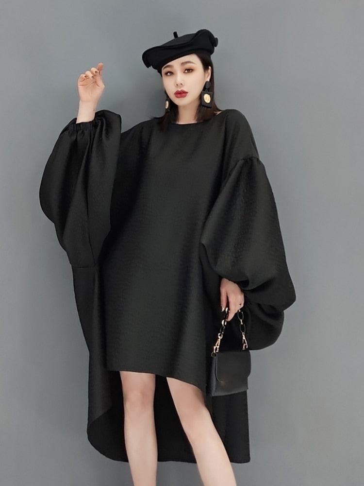 Fashion Solid Color Dress Women's Autumn 2023 New Round Neck Loose Batwing Sleeve Knee-length Dresses Female