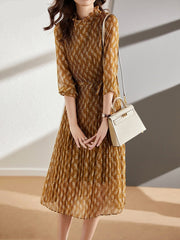 Chiffon Floral Dress for Women Autumn 2023 Fashion Long Sleeve Pleated Elegant Party Midi Dresses Female Vestido F8692