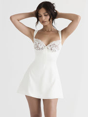 Karlofea Elegant Classy Satin Mini Dresses Women Wedding Guest Cocktail Party Outfits Sexy Chest Lace Padded A Line White Dress