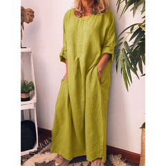 New Solid Color Loose Pockets Robe Women's Cotton Linen Solid Color Fashion Round Neck 7-Point Sleeve Casual Ladies Dress